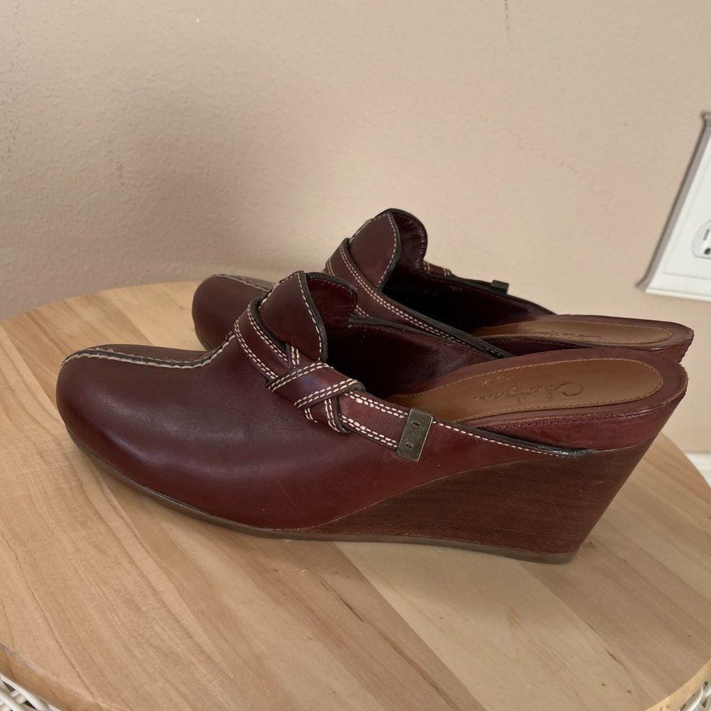 Cole Haan Brown Mule Wedge Slip on Leather Brown Buckle Size 8